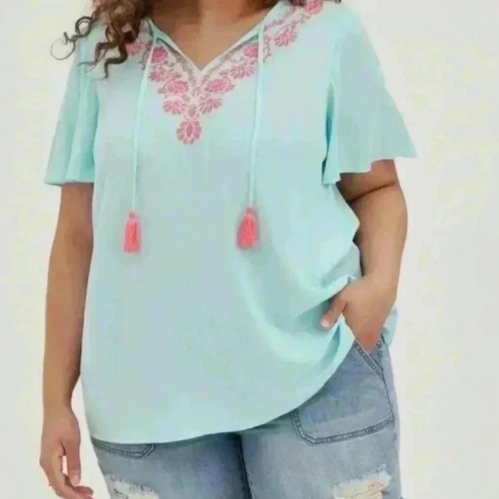 2/$30 TORRID Teal Western Pink Embroidered Bohemian Blouse with Tassels (#235)